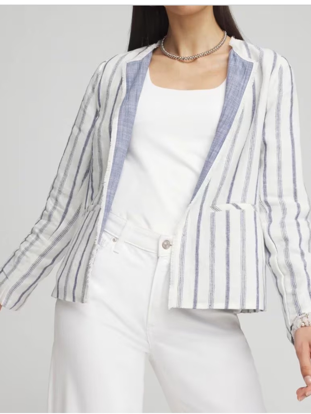 Chico's White and Blue Stripe Linen Open-Front Frayed Blazer Coastal Grandma